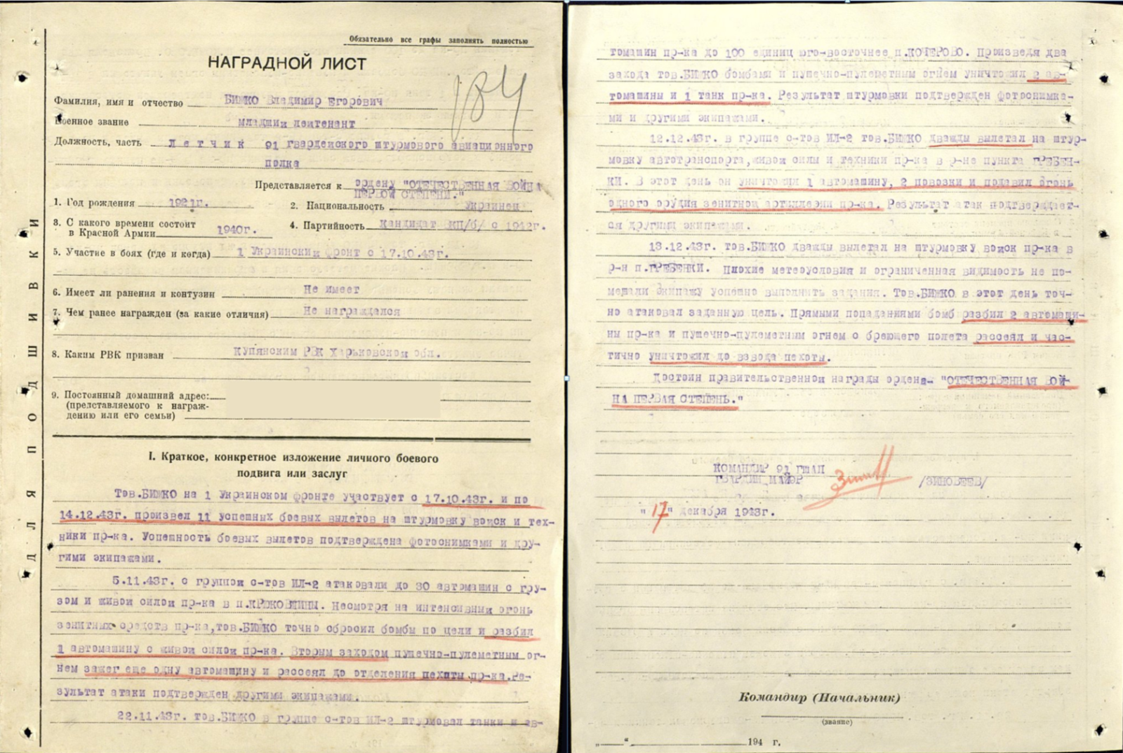 Бижко В.Е. Наградной лист.